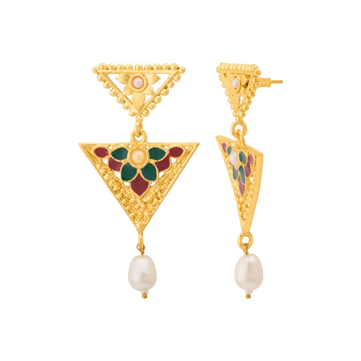 Ethnic Gold Plated Triangle Dangler Earrings - Image 3