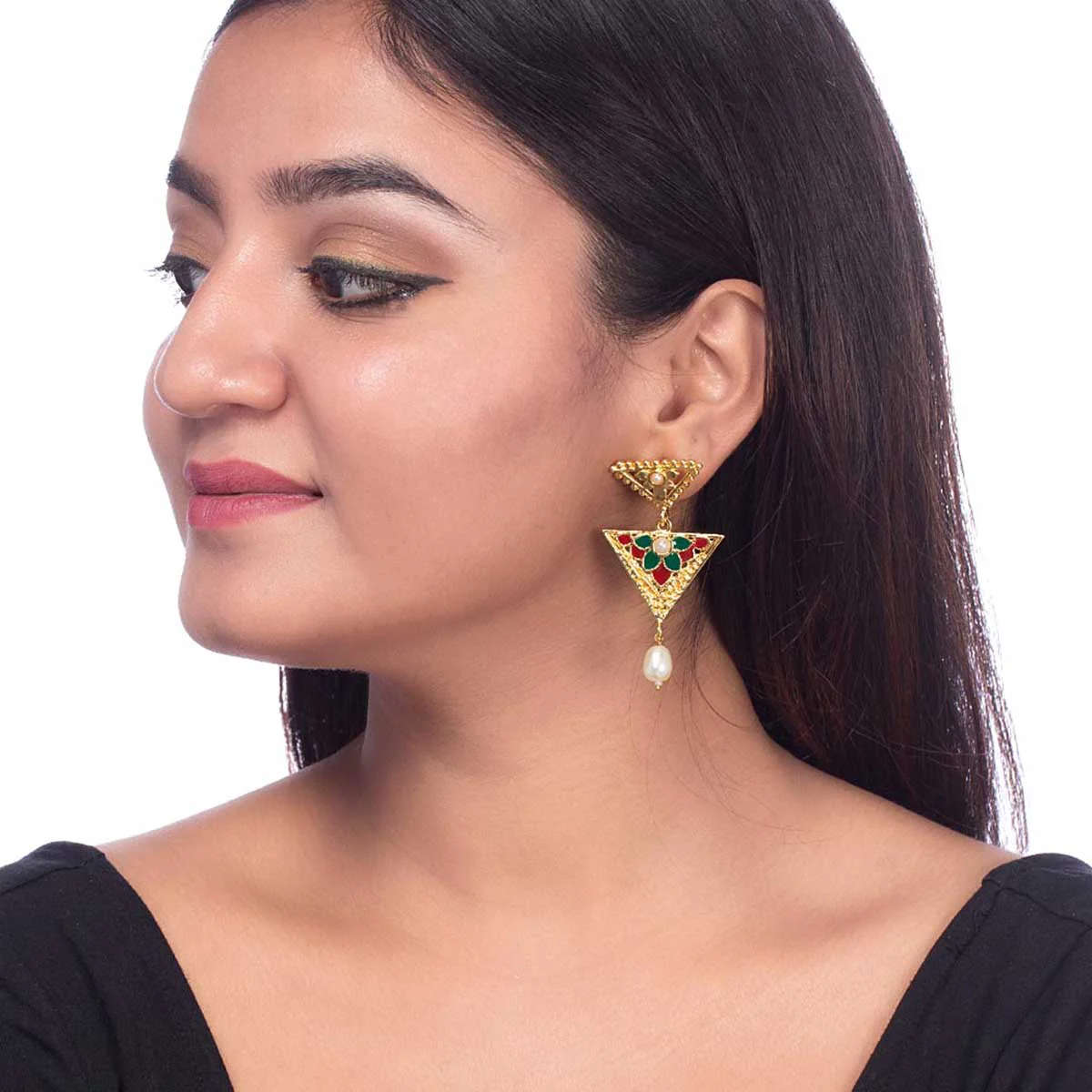 Ethnic Gold Plated Triangle Dangler Earrings - Image 4