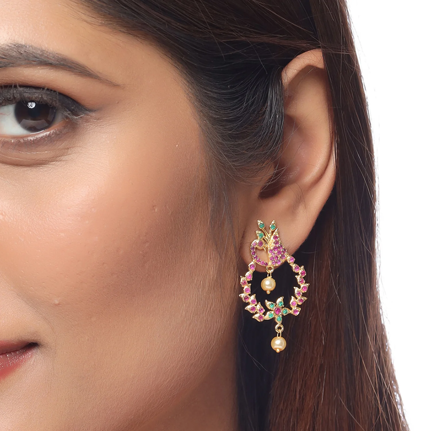Ethnic Hoop CZ Gems Adorned Earrings - Image 2