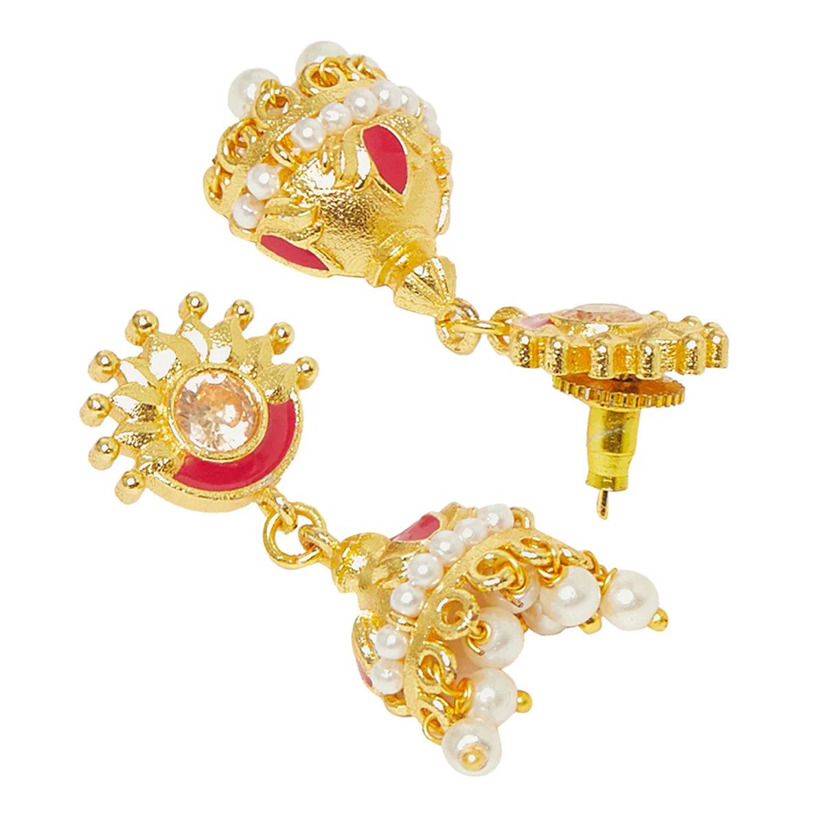 Ethnic Inspired Gold Plated Brass Faux Pearls Drop Earrings - Image 4