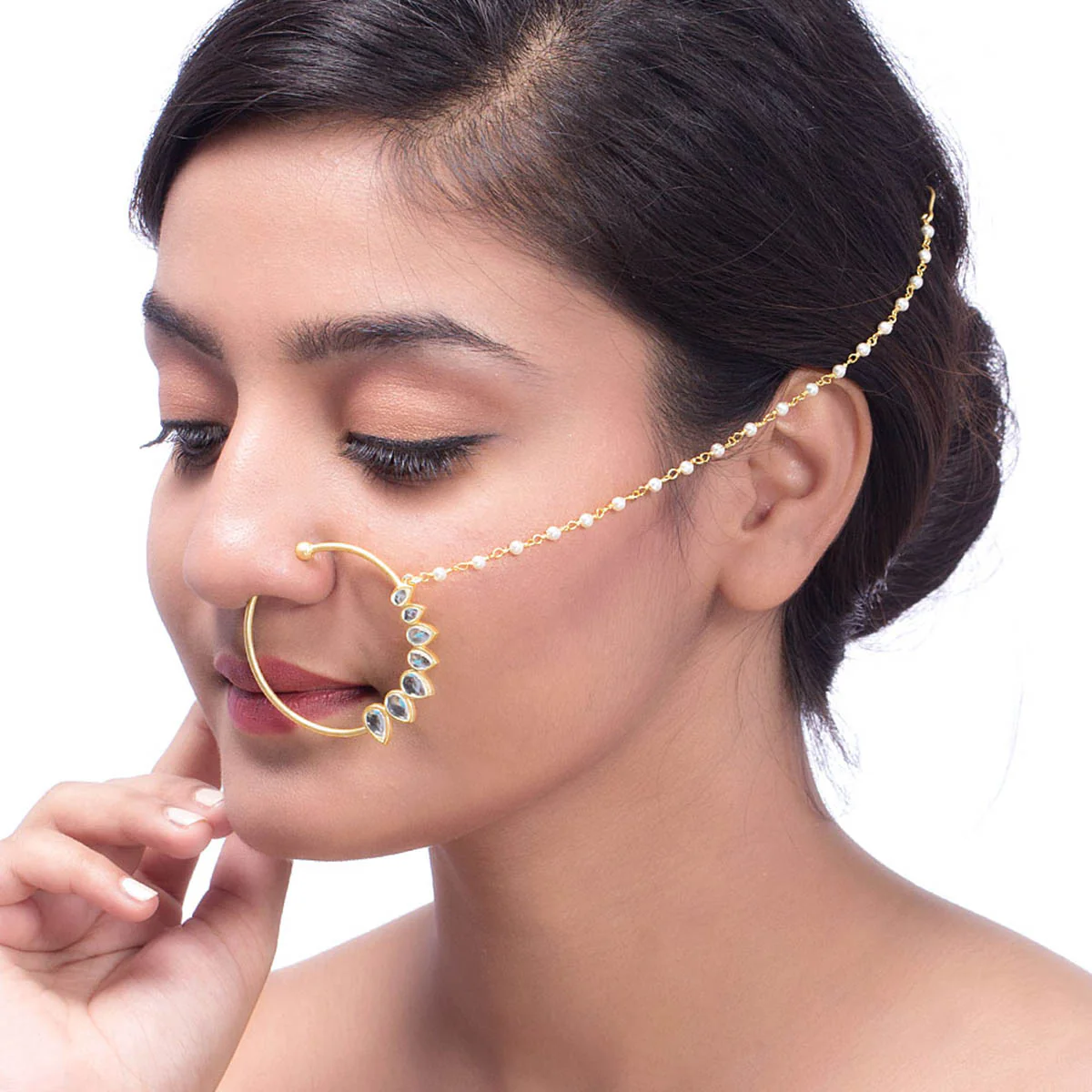 Ethnic Kundan Embellished Gold Plated Nath - Image 2