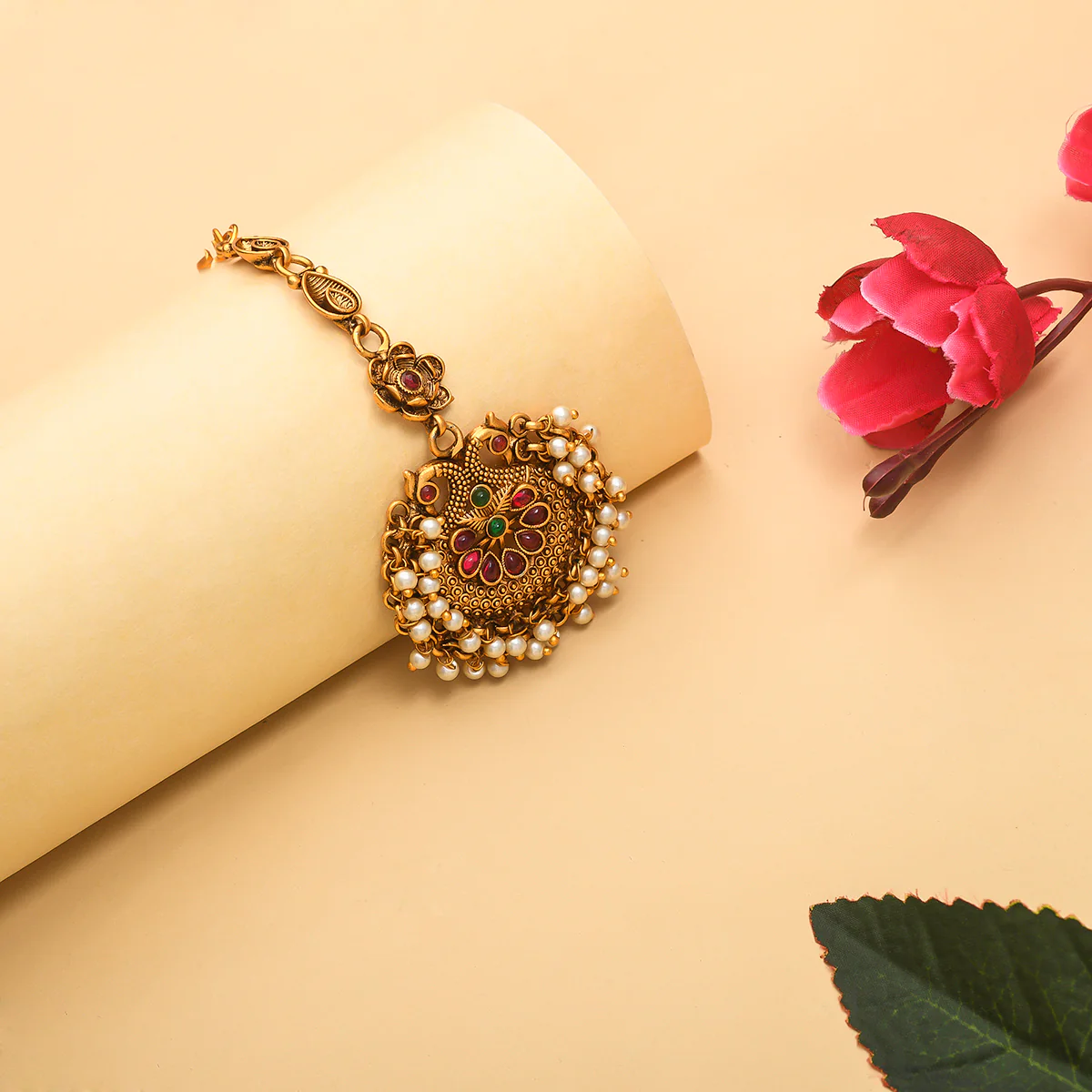 Ethnic Temple Design Faux Pearls Gold Plated Brass Maang Tika