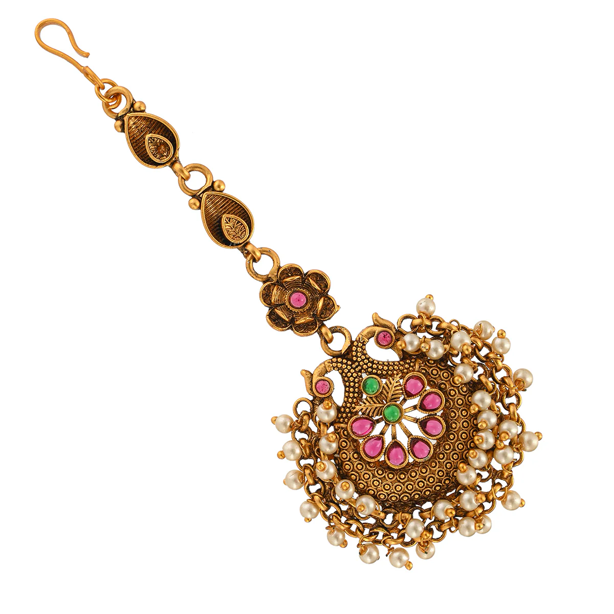 Ethnic Temple Design Faux Pearls Gold Plated Brass Maang Tika - Image 2