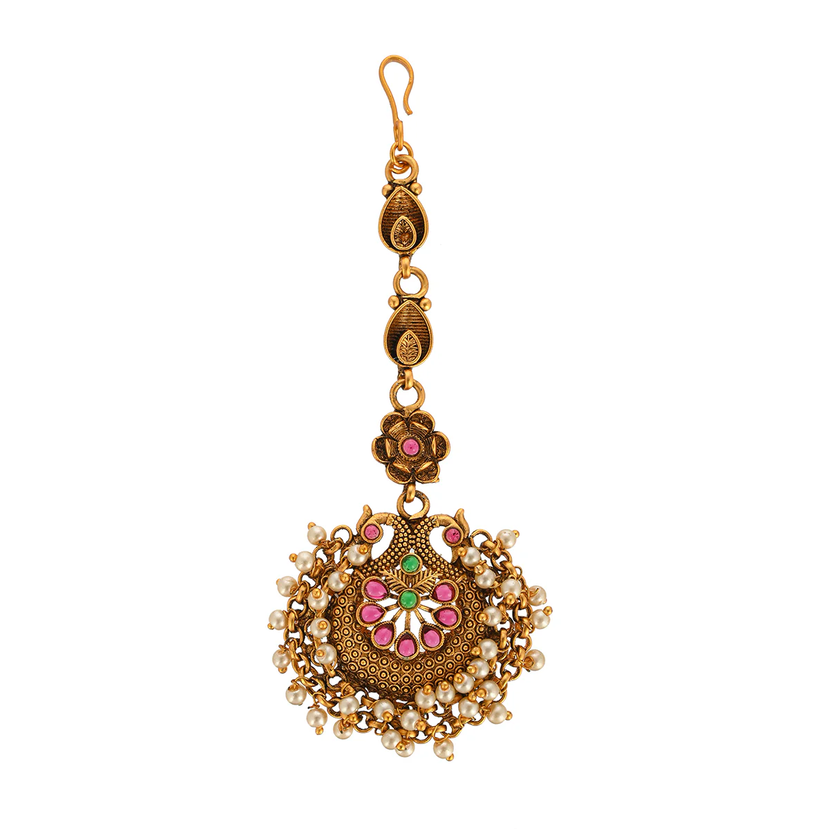 Ethnic Temple Design Faux Pearls Gold Plated Brass Maang Tika - Image 4