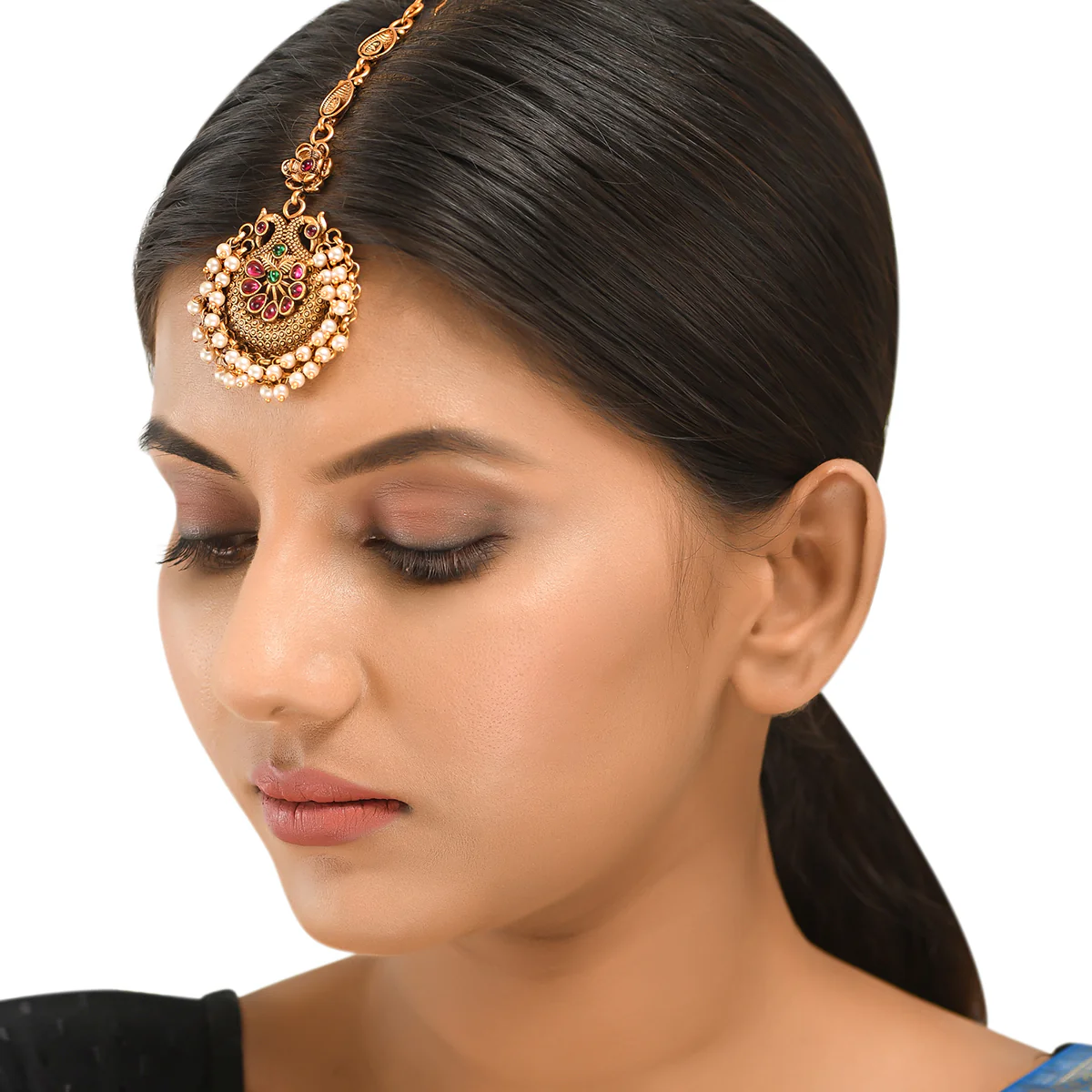 Ethnic Temple Design Faux Pearls Gold Plated Brass Maang Tika - Image 5