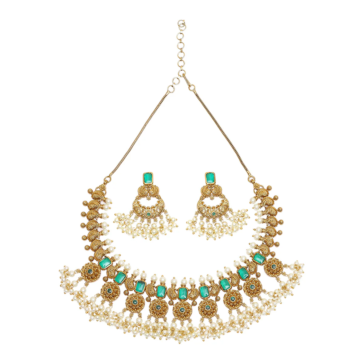 Ethnic Yellow Gold Plated Faux Pearls and CZ Brass Choker Jewellery Set - Image 3