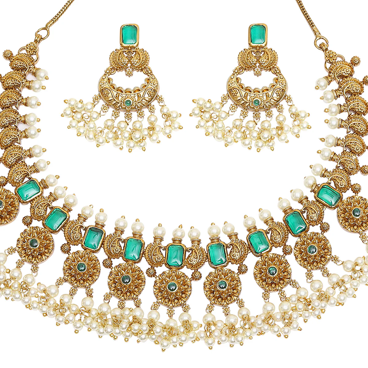 Ethnic Yellow Gold Plated Faux Pearls and CZ Brass Choker Jewellery Set - Image 4