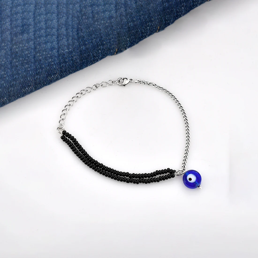 Evil Eye Black Beads Silver Oxidized Bracelet