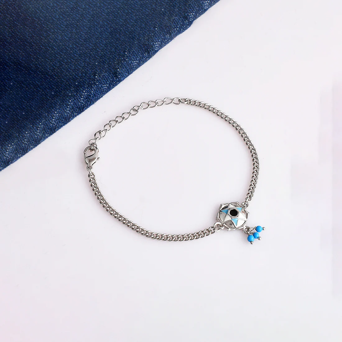 Evil Eye Blue Bead Hanging Silver Pated Motif Bracelet
