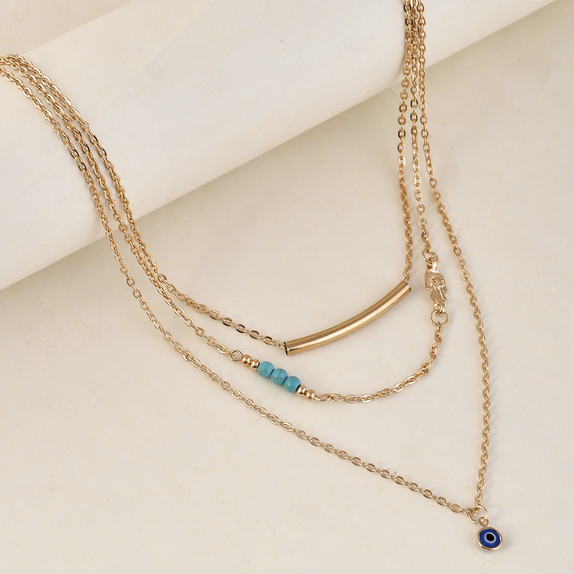 Evil Eye Blue Charms And Gold Plated Multi-Layered Necklace