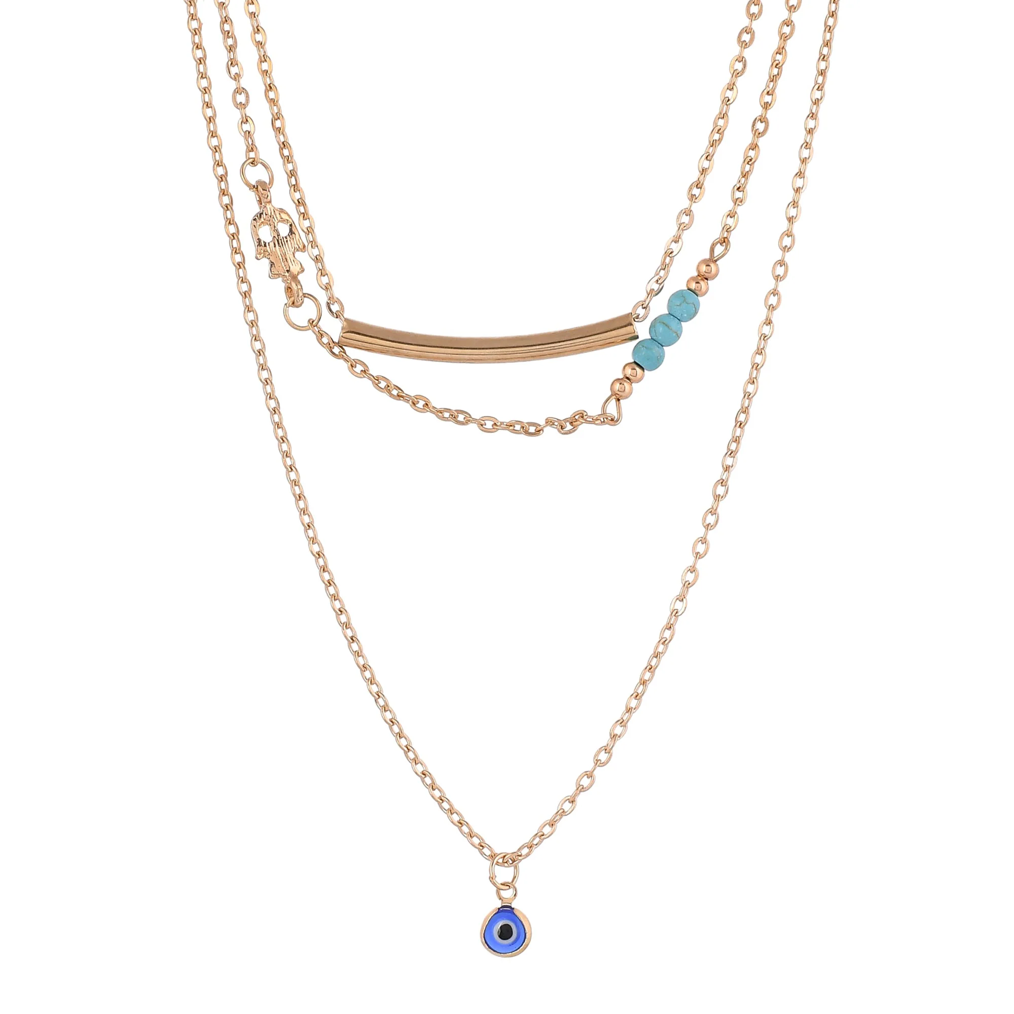 Evil Eye Blue Charms And Gold Plated Multi-Layered Necklace - Image 3