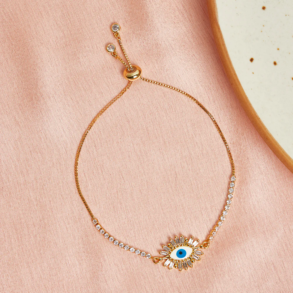 Evil Eye Charm Zircons Embellished Brass Gold Plated Chain Bracelet