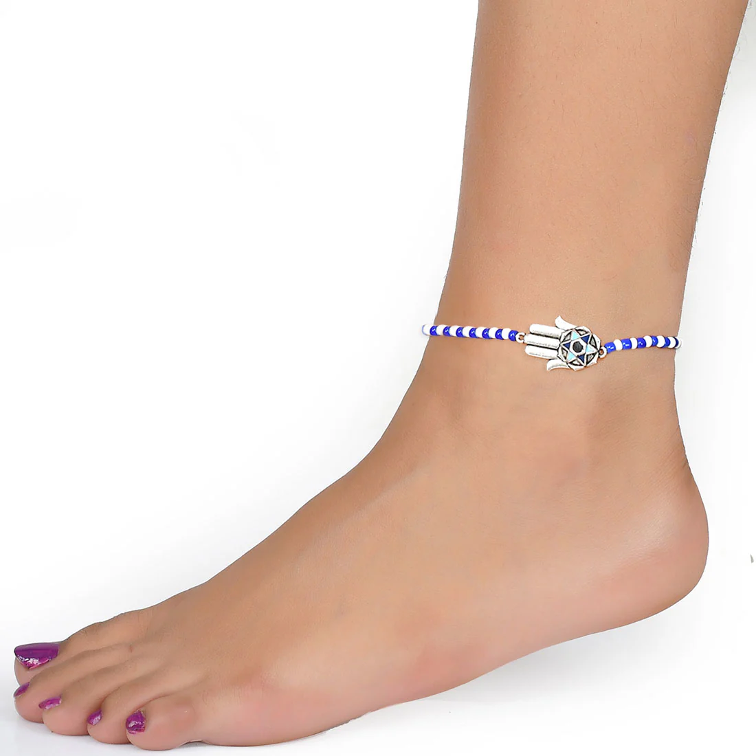 Evil Eye Blue and White Beads Hamsa Anklet - Image 2