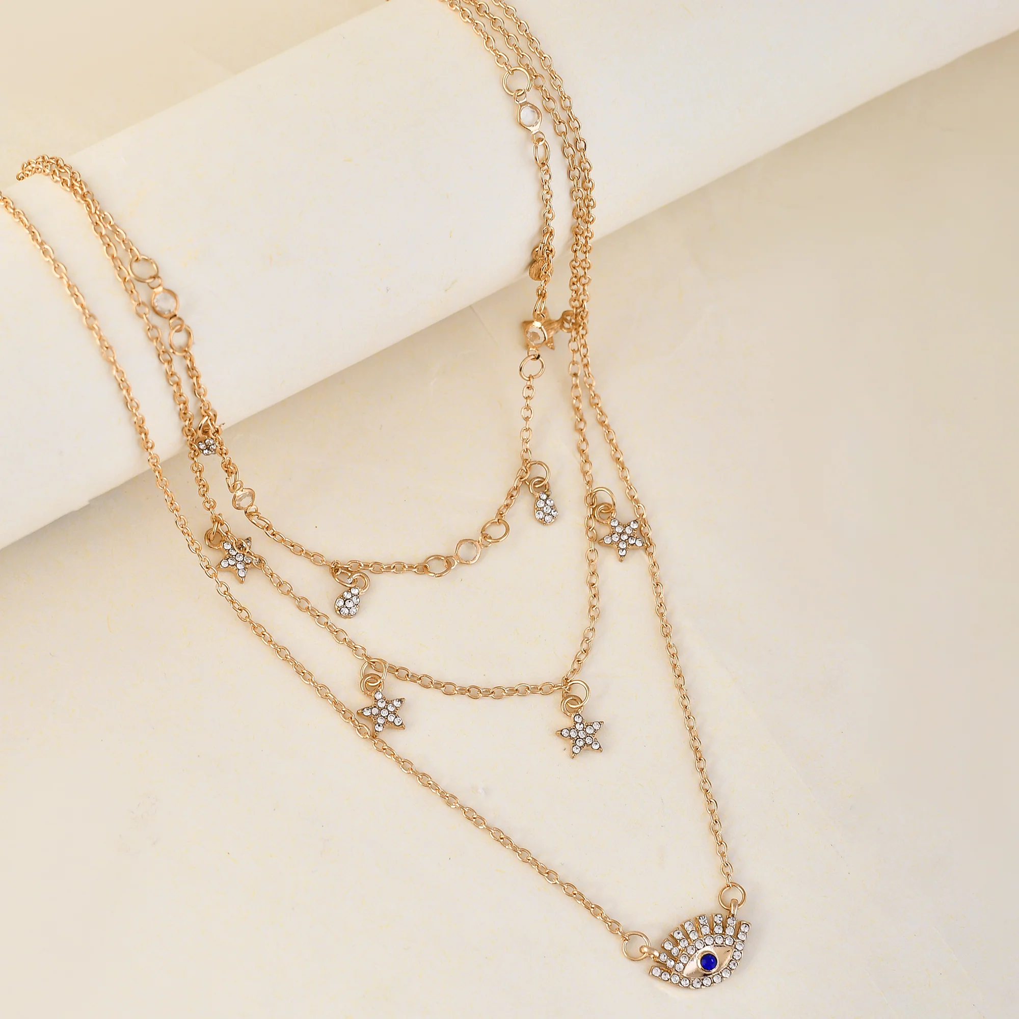 Evil Eye Talisman And Twinkling Stars Charm Gold Plated Necklace