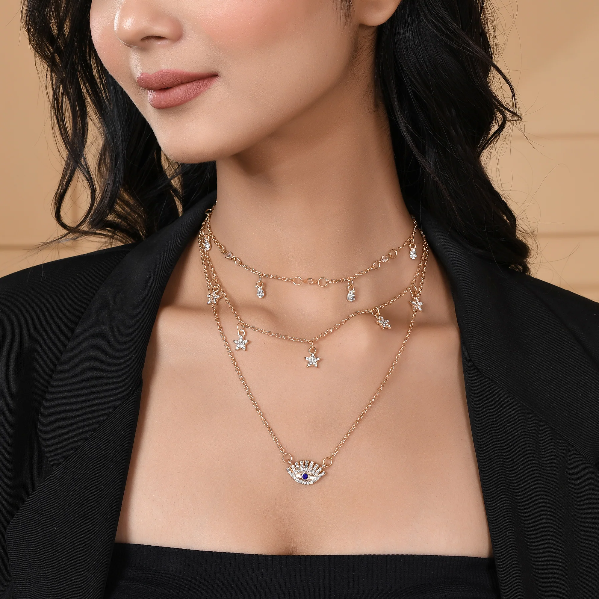 Evil Eye Talisman And Twinkling Stars Charm Gold Plated Necklace - Image 3