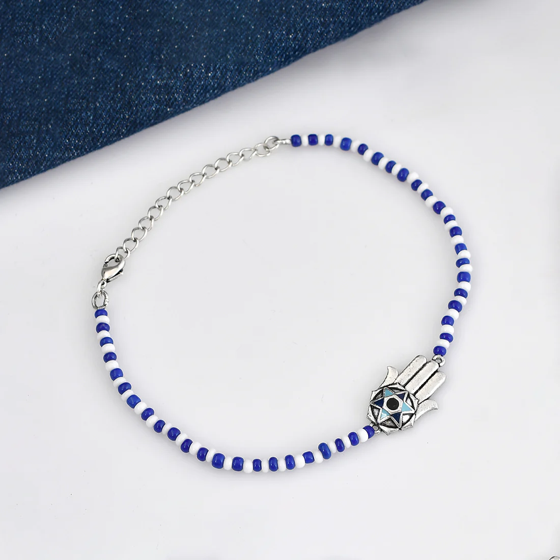 Evil Eye Women Silver Oxidized Hamsa Motif Bracelet