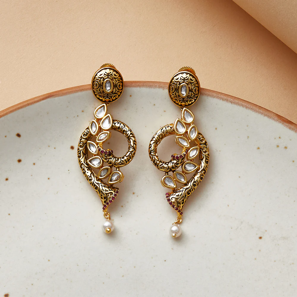 Faux Kundan Adorned Brass Gold Toned Earrings
