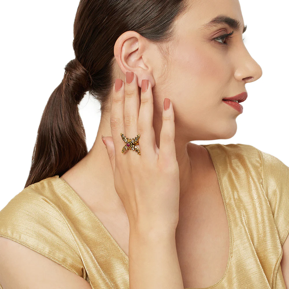 Faux Kundan Adorned Yellow Gold Plated Tribal Inspired Brass Ring - Image 2