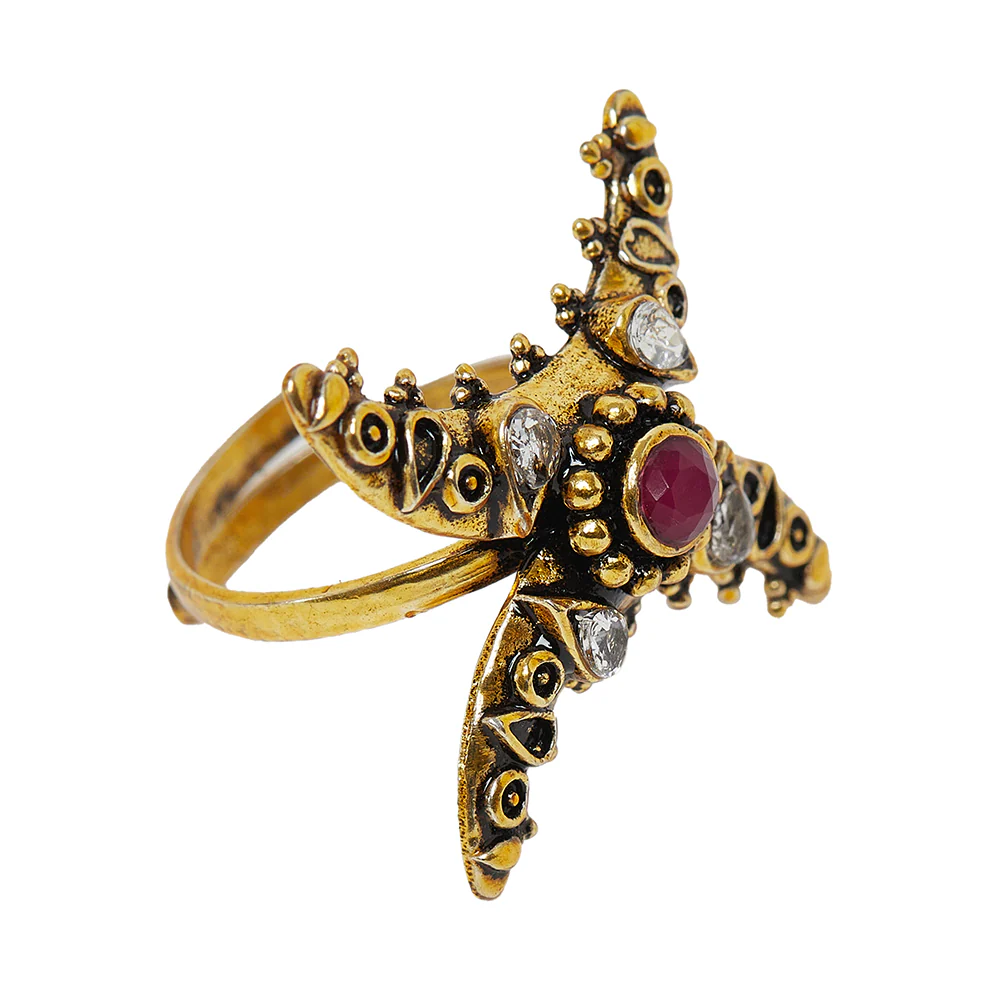 Faux Kundan Adorned Yellow Gold Plated Tribal Inspired Brass Ring - Image 5