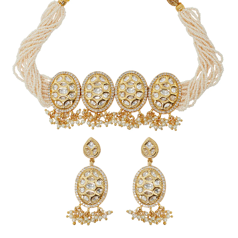 Faux Kundan and Pearls Embellished Gold Plated Traditional Jewellery Set - Image 4