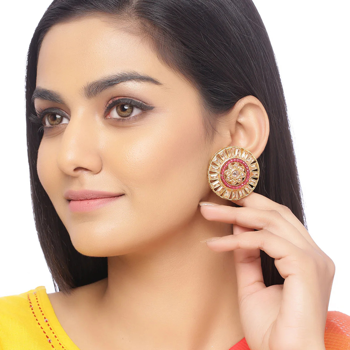 Faux Kundan Gemstones Adorned Stud Earrings - Image 2