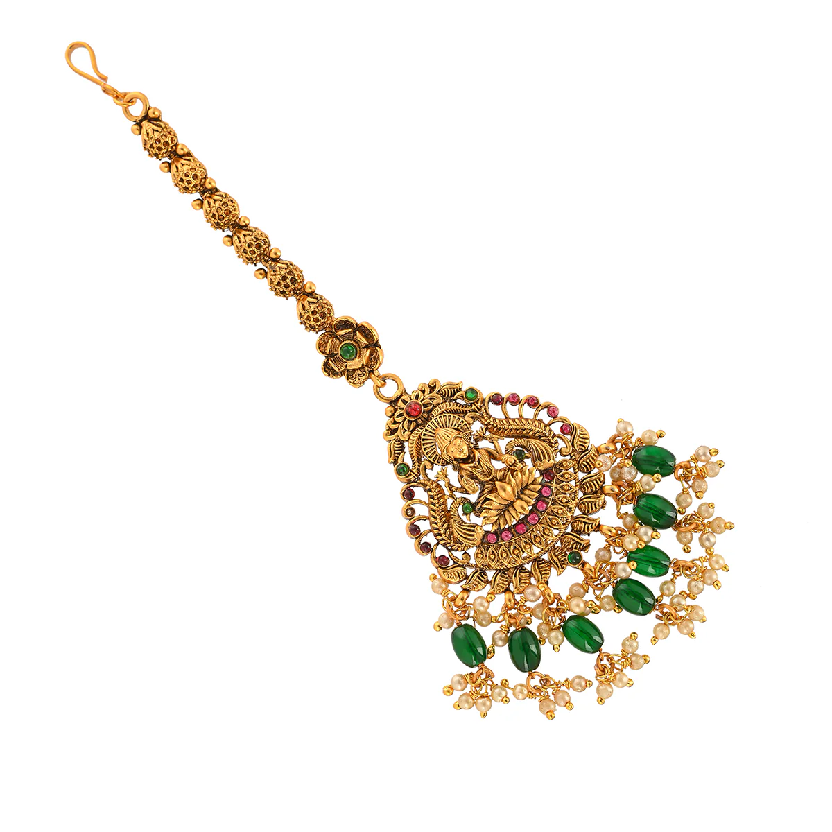 Faux Pearls Adorned Goddess Lakshmi Motif Brass Gold Plated Maang Tika - Image 2