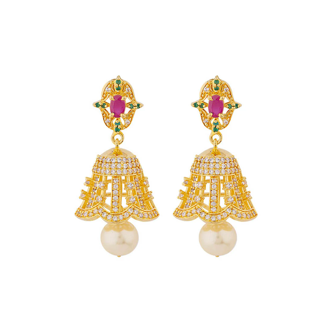 Faux Pearls Adorned Jhumka Earrings - Image 3