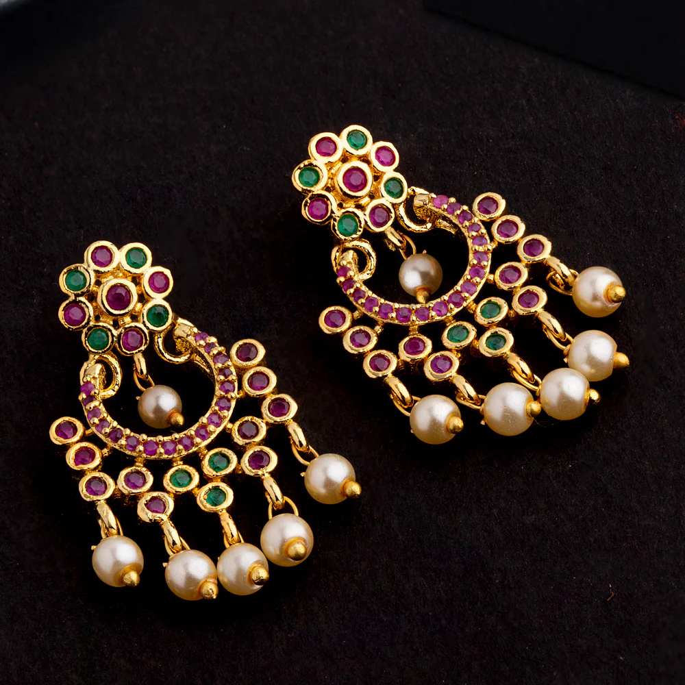 Faux Pearls and American Diamond Gems Tassels Earrings