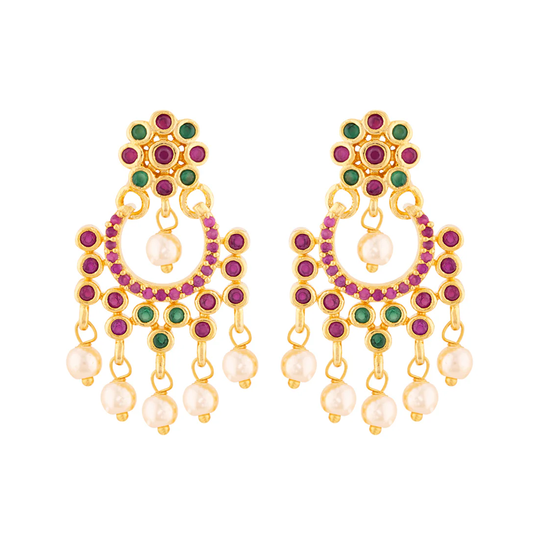 Faux Pearls and American Diamond Gems Tassels Earrings - Image 3