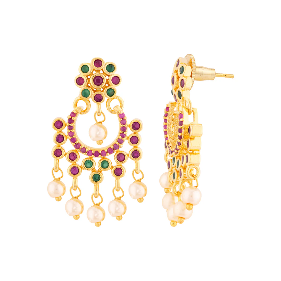 Faux Pearls and American Diamond Gems Tassels Earrings - Image 4