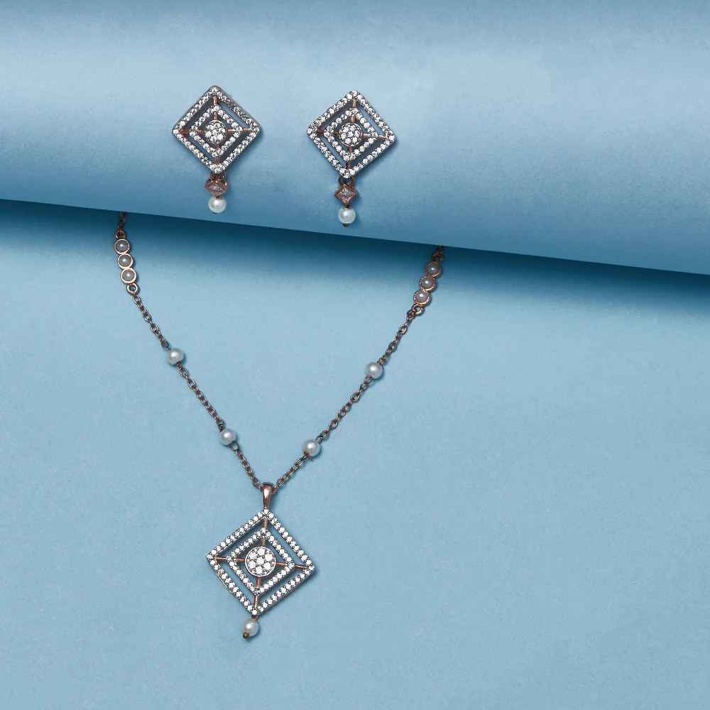 Faux Pearls and CZ Adorned Brass Yellow Gold Plated Pendant Set