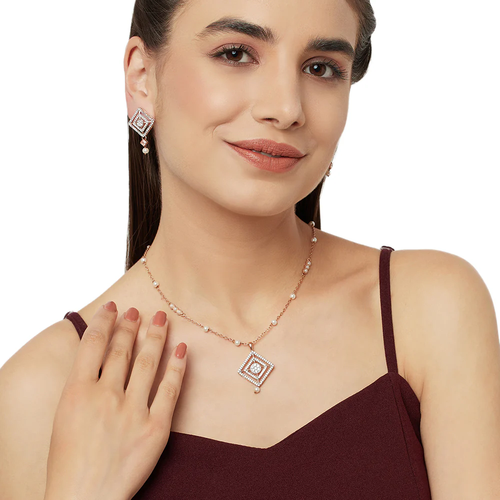 Faux Pearls and CZ Adorned Brass Yellow Gold Plated Pendant Set - Image 5
