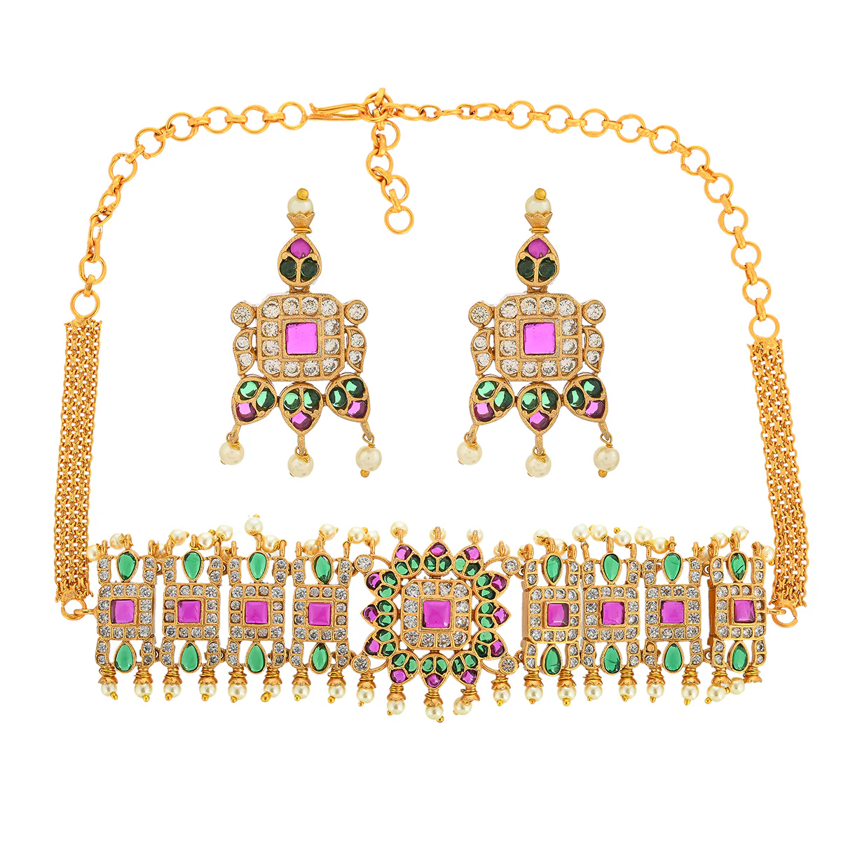 Faux Pearls and CZ Adorned Ethnic Brass Gold Plated Jewellery Set - Image 2