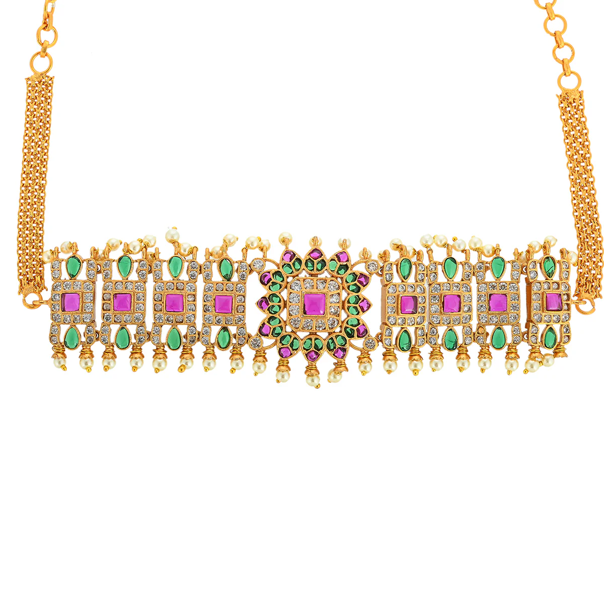 Faux Pearls and CZ Adorned Ethnic Brass Gold Plated Jewellery Set - Image 3