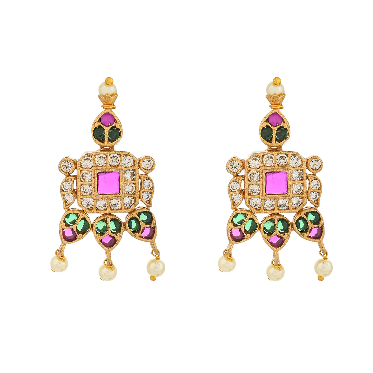 Faux Pearls and CZ Adorned Ethnic Brass Gold Plated Jewellery Set - Image 4