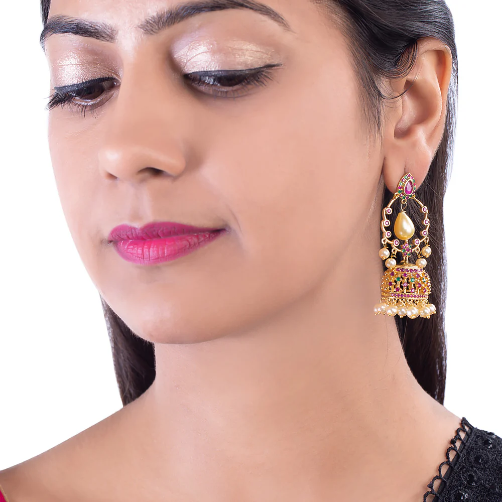 Faux Pearls and CZ Gems Drop Earrings - Image 2
