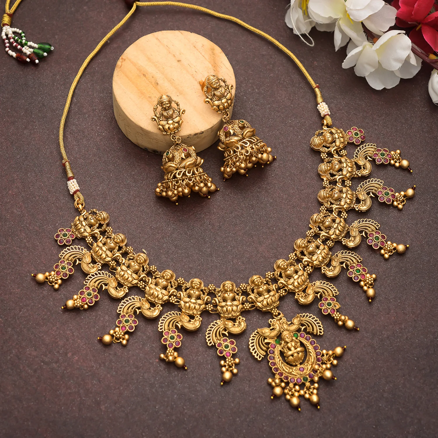 Cabochon Adorned Temple Jewellery Set