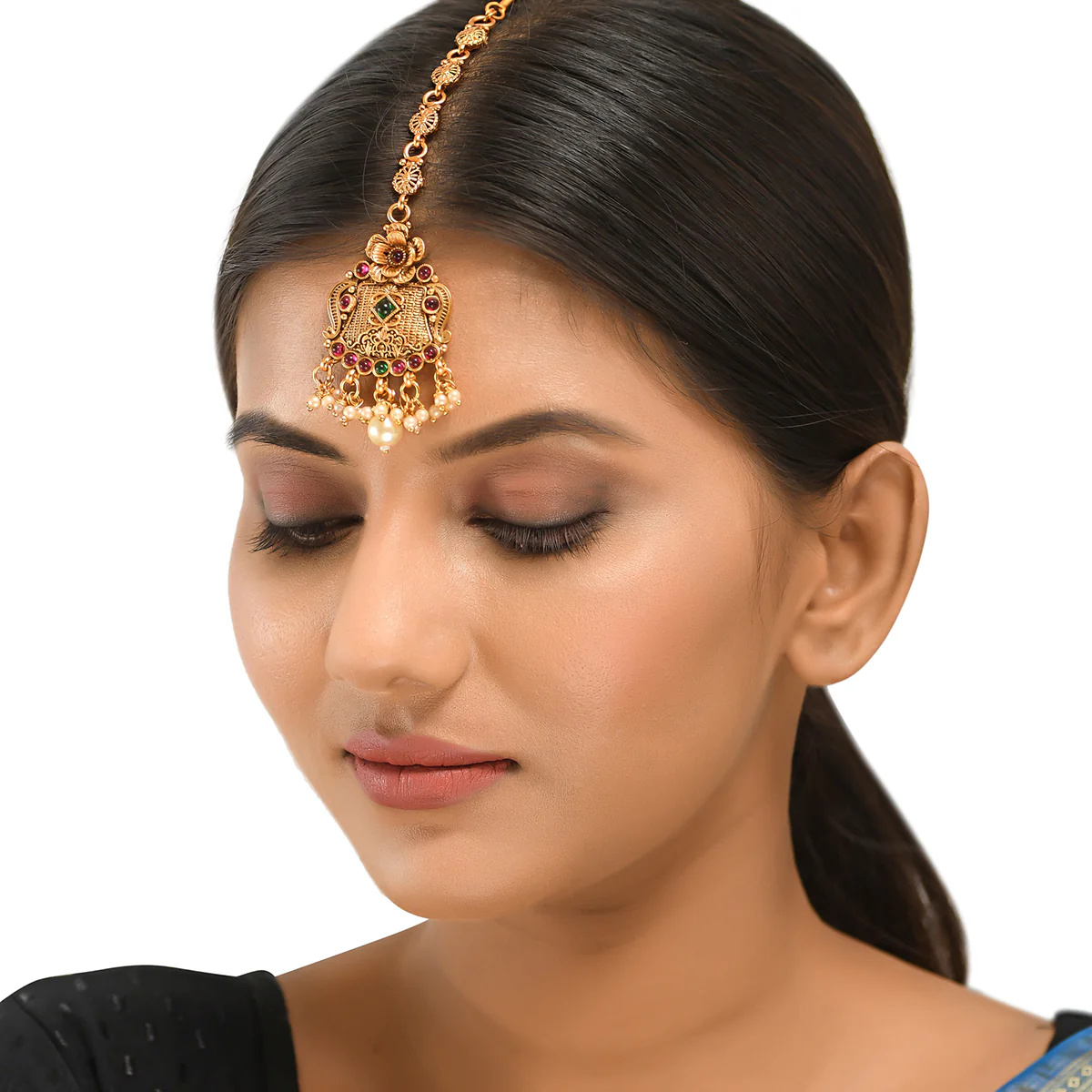 Faux Pearls and Kundan Adorned Opulent Yellow Gold Plated Brass Maang Tika - Image 5