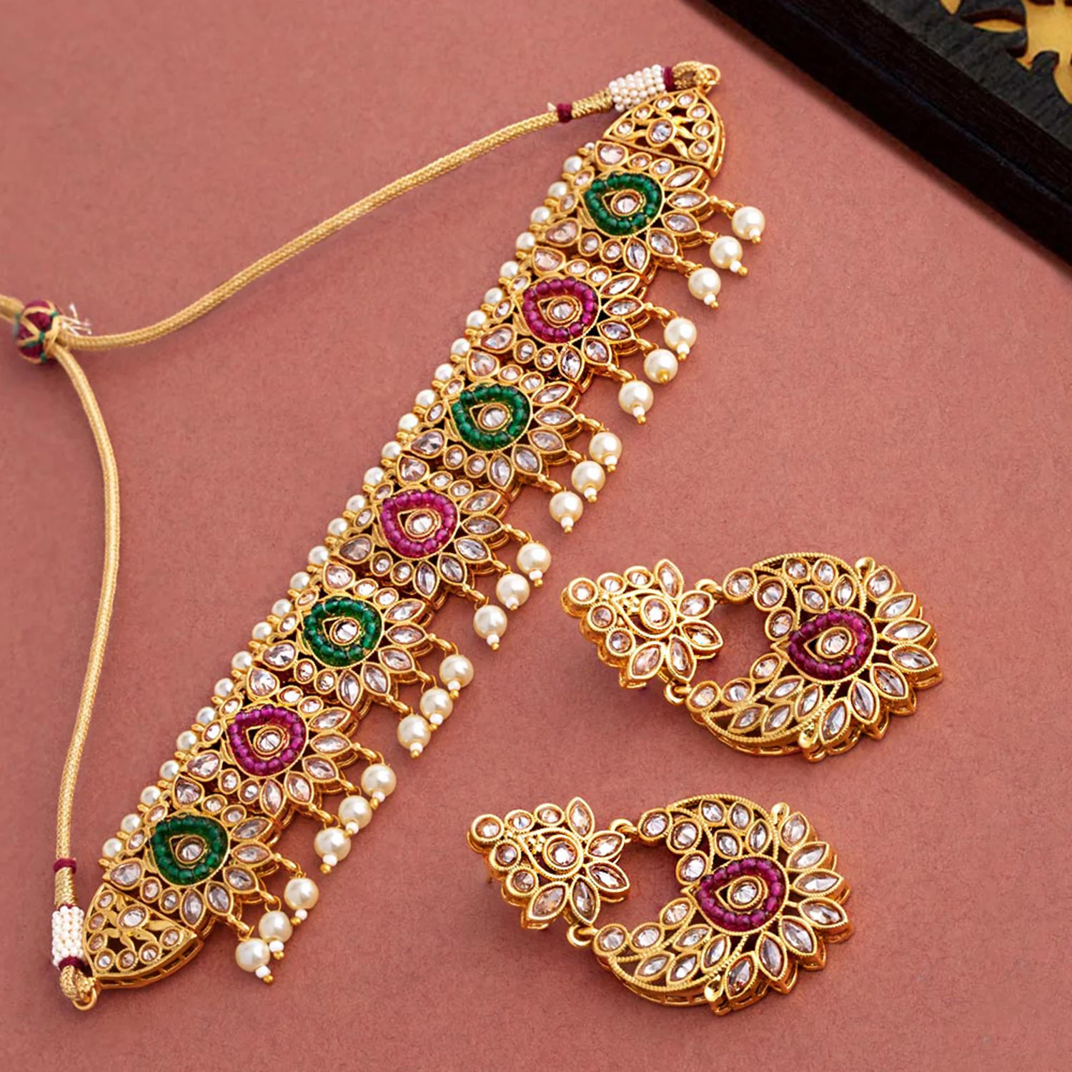 Faux Pearls and Kundan Gems Necklace Set