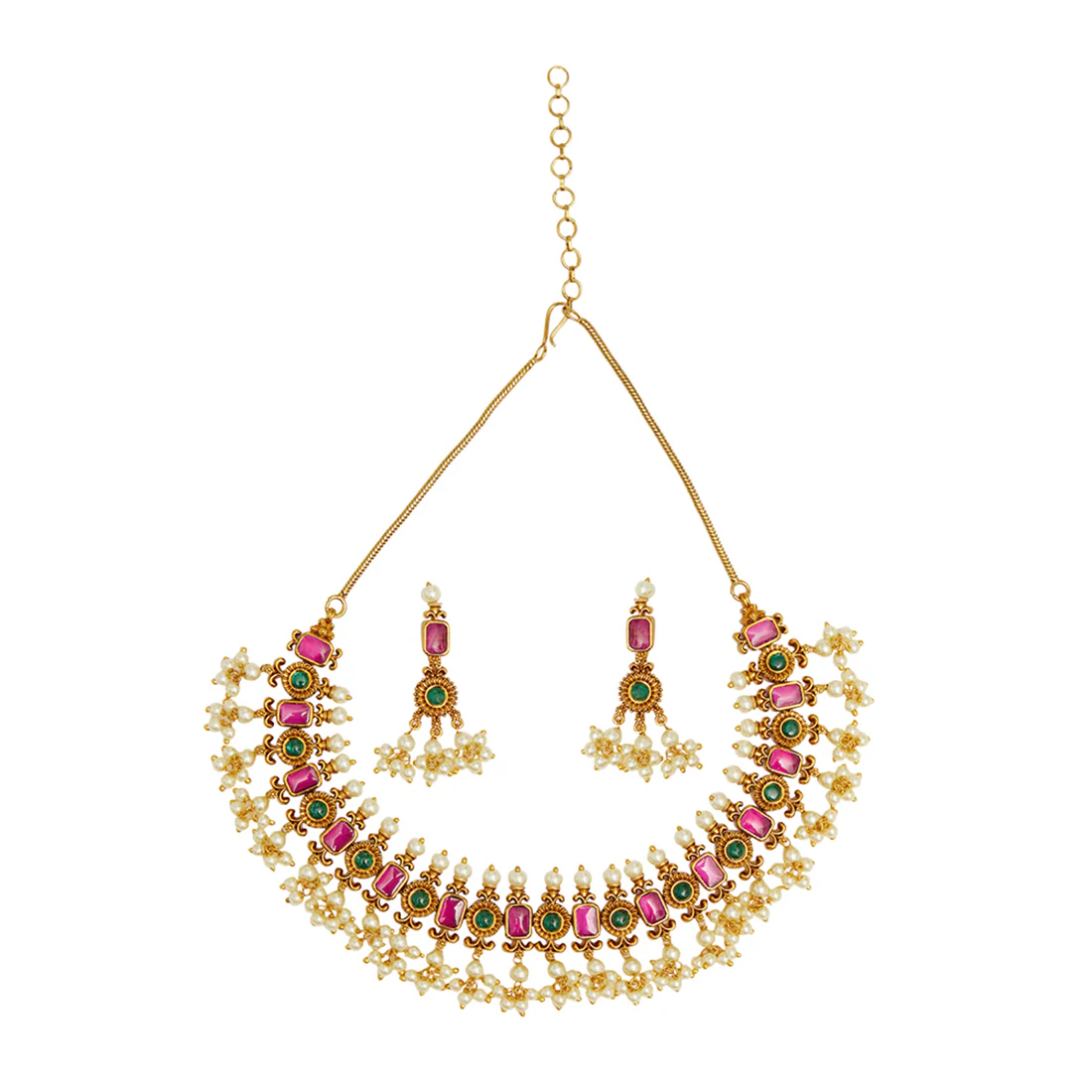 Faux Pearls and Square Cut CZ Adorned Brass Gold Plated Choker Jewellery Set - Image 3