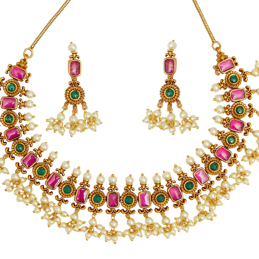 Faux Pearls and Square Cut CZ Adorned Brass Gold Plated Choker Jewellery Set - Image 4