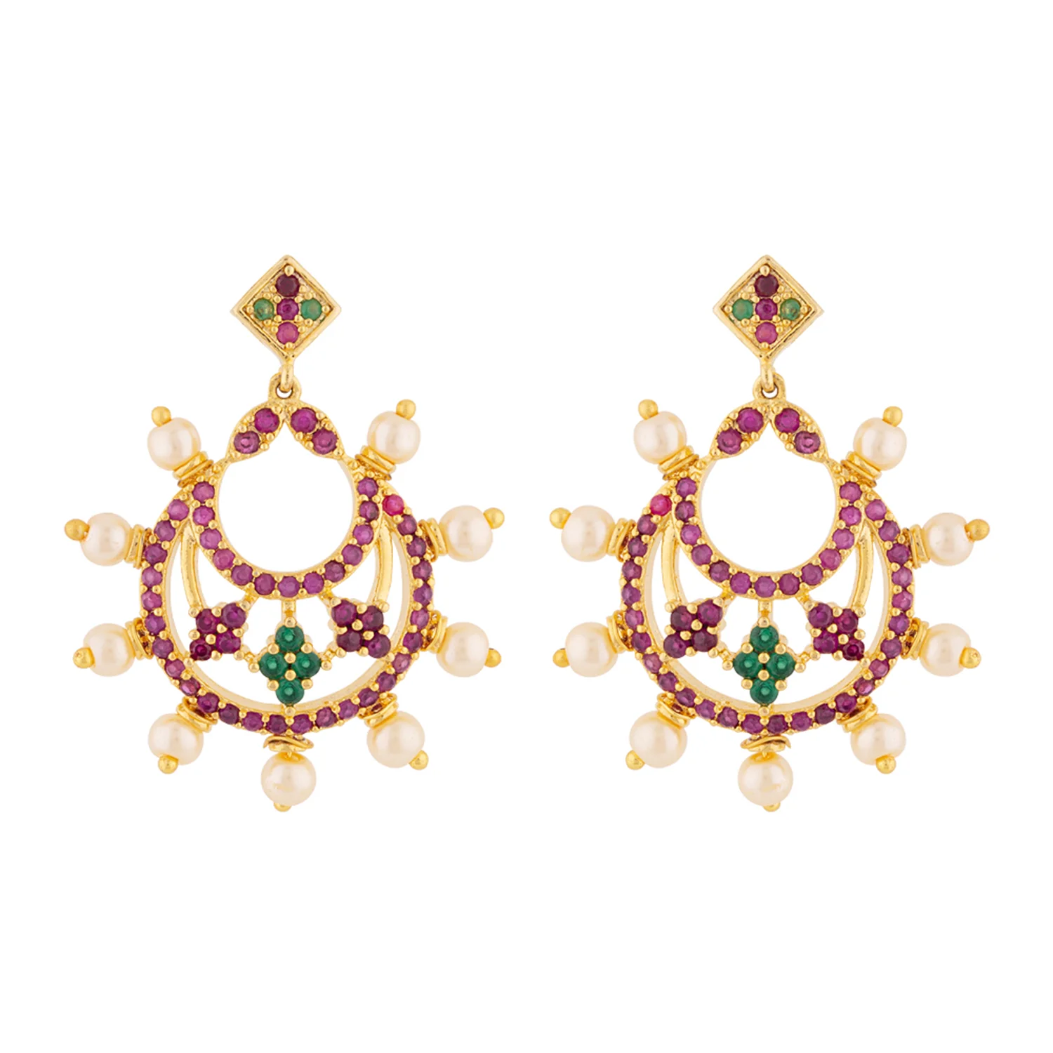 Faux Pearls and Zircon Gems Chandbali Earrings - Image 3