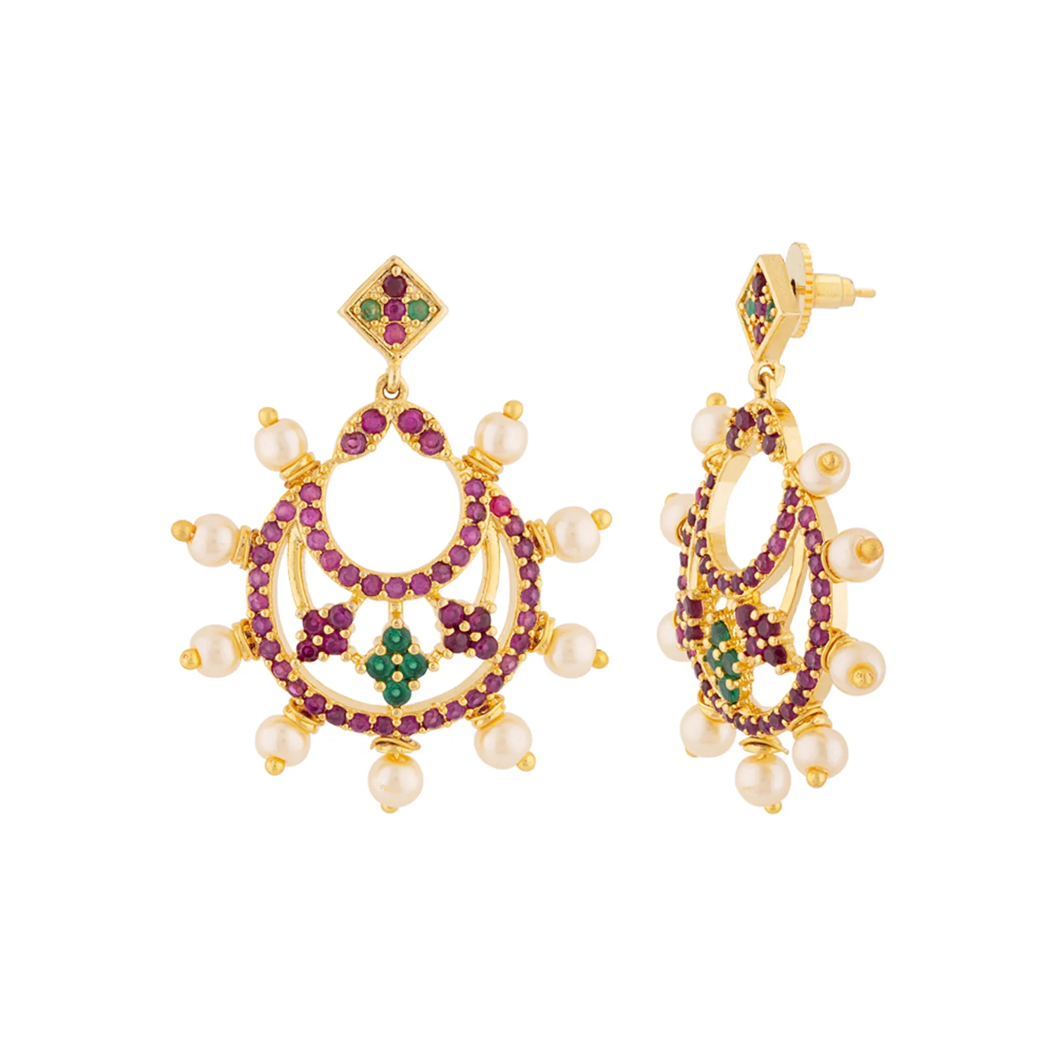 Faux Pearls and Zircon Gems Chandbali Earrings - Image 4