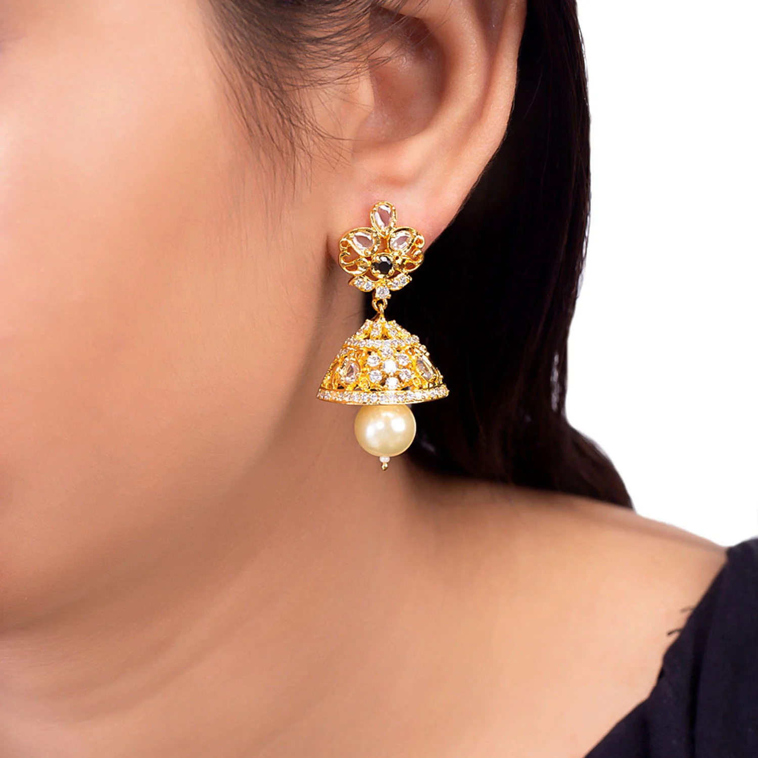 Faux Pearls and Zircon Gems Earrings - Image 2