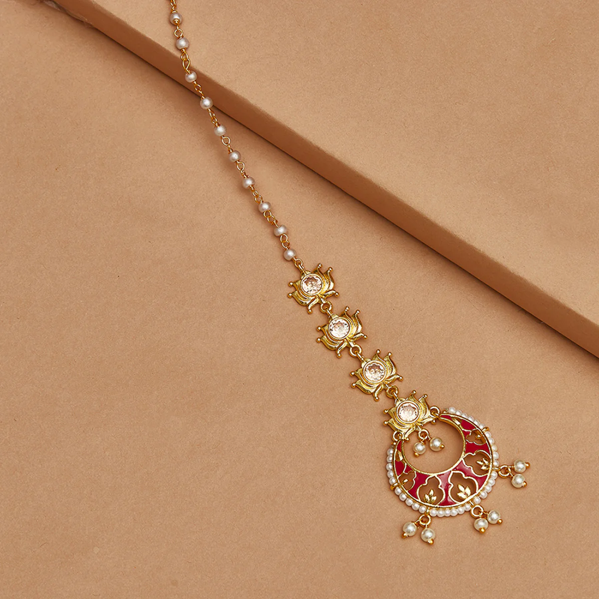 Faux Pearls Embellished Gold Plated Brass Maang Tika