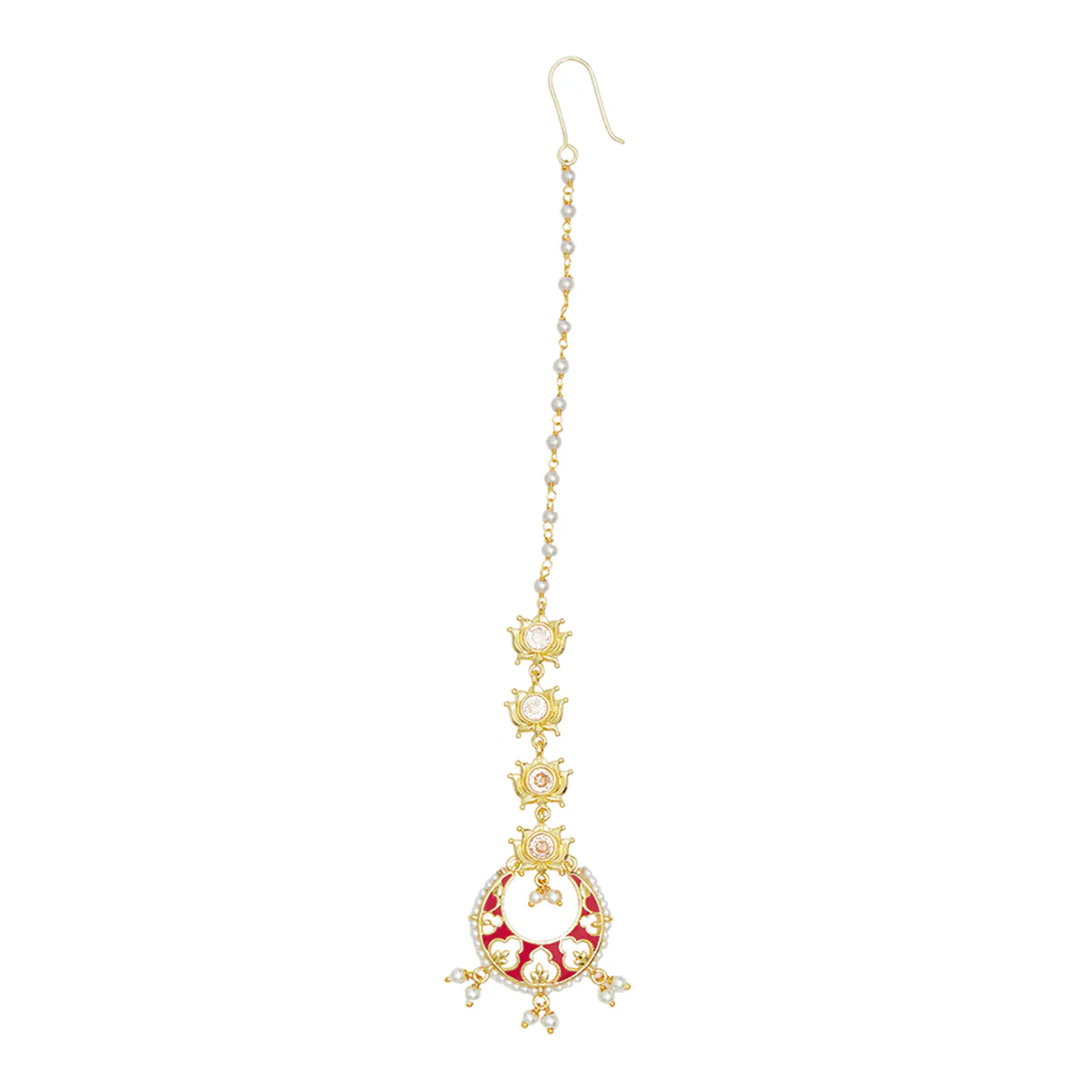 Faux Pearls Embellished Gold Plated Brass Maang Tika - Image 3