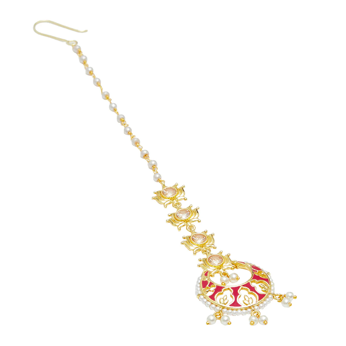 Faux Pearls Embellished Gold Plated Brass Maang Tika - Image 4