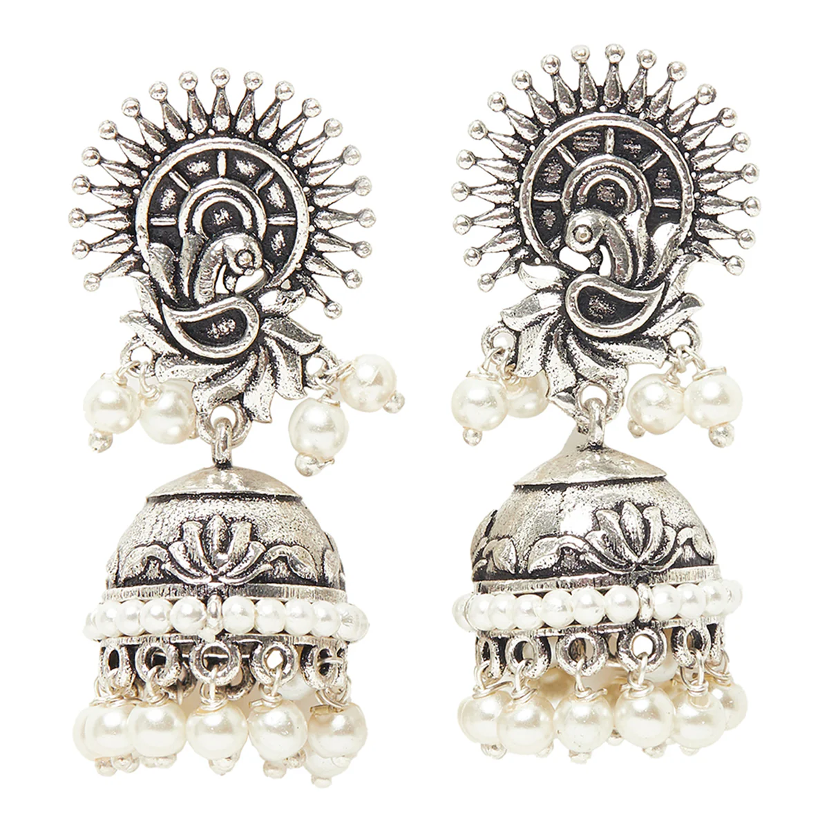 Faux Pearls Embellished Silver Toned Brass Jhumka Earrings - Image 3