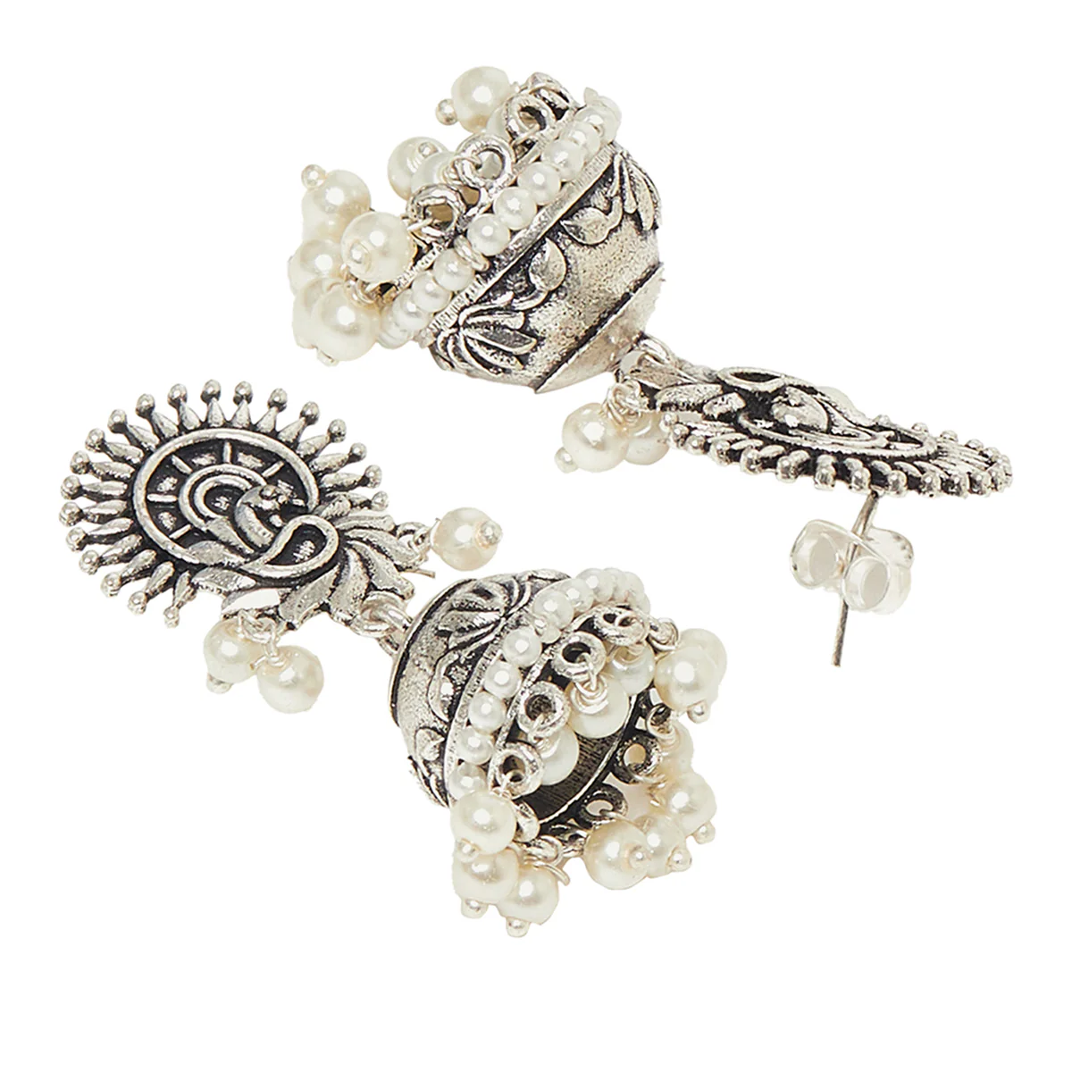 Faux Pearls Embellished Silver Toned Brass Jhumka Earrings - Image 4