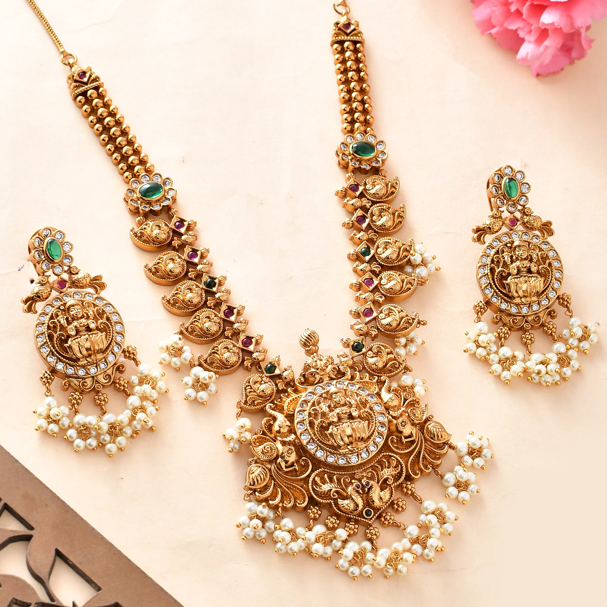 Faux White Pearls And Zircons Temple Design Brass Gold Plated Jewellery Set